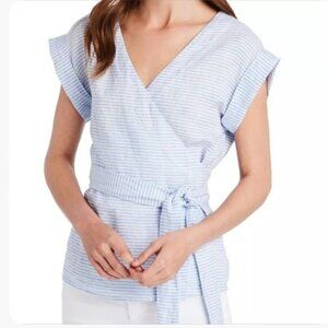 Vineyard Vines Feeder Stripe Linen Wrap Top | Blue & White | Womens Size M